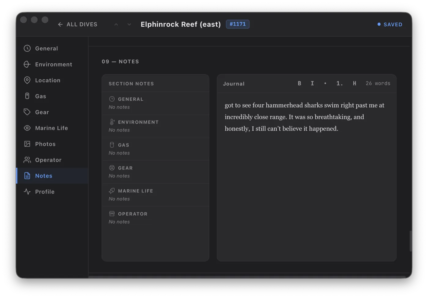 The same dive in Skooba for Mac's Notes tab, with a journal entry about four hammerhead sharks seen on the dive